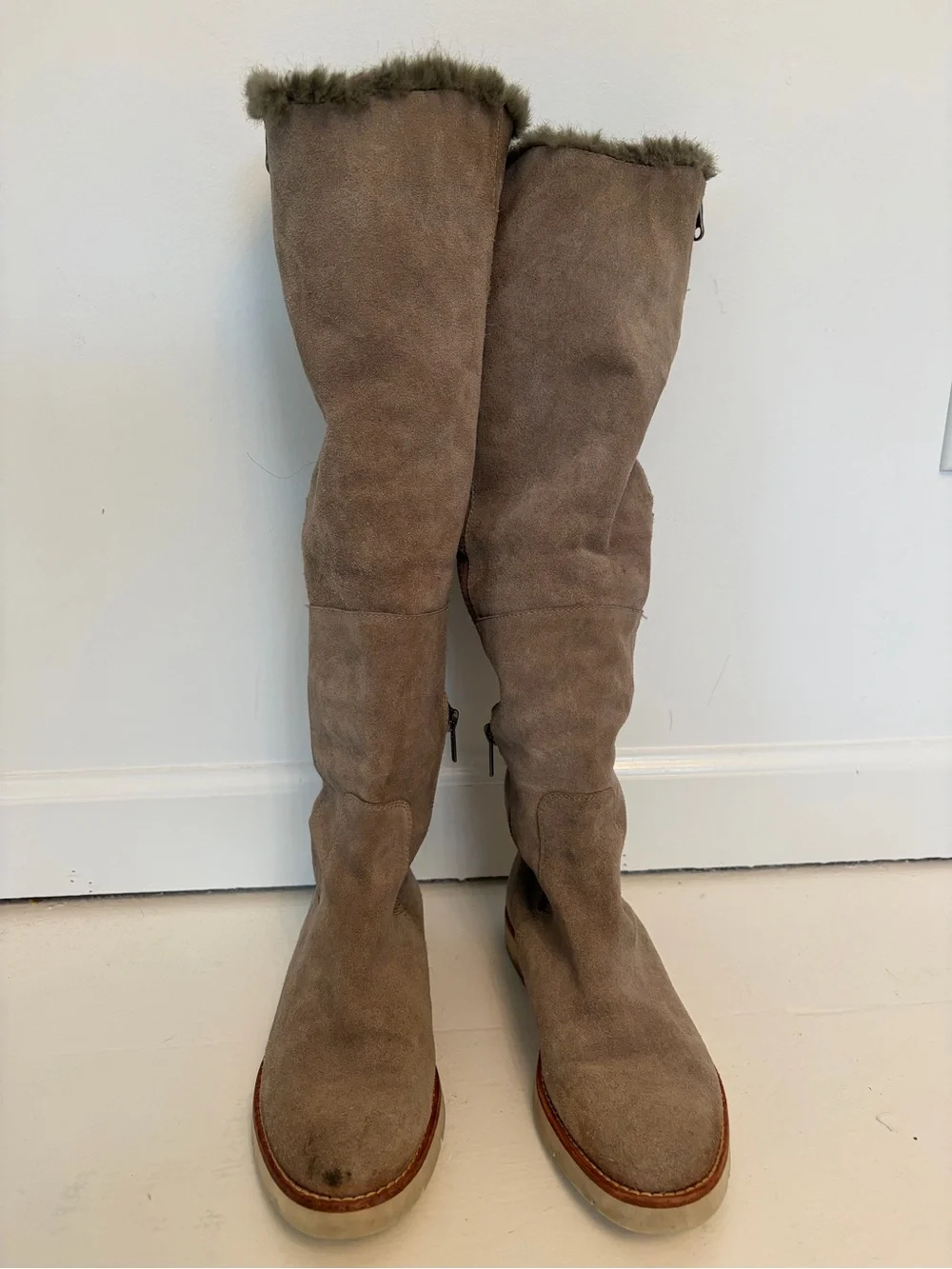 Johnston & Murphy Taupe Suede Knee-High Fur-Trim Boots